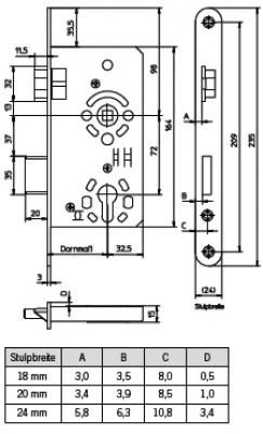 Einsteckschloß für Objektinnentüren PZ 72,Sonder-Dorn 60mm ,   Geräuschgedämmt  R/L