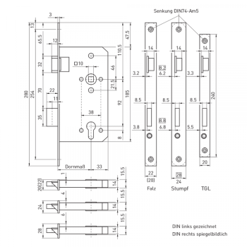 Einsteckschloss Haustürschloss Serie ES3400  für Profilzylinder ( 55mmx92mm ) DIN R/L