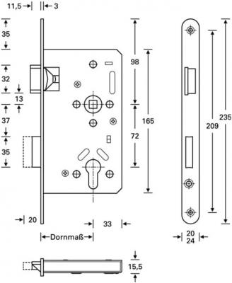 Panik-Einsteckschloss Ser.20 APE Fkt.E rd 20/55/72/9mm DIN li.VA SSF