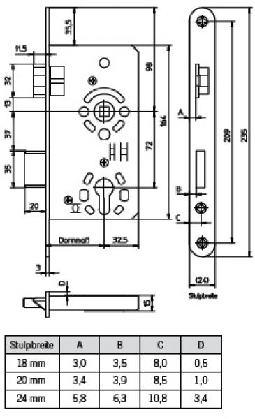 Einsteckschloß für Objekt-Innentüren Kl.3 PZ 72/ Sonderdorn 65mm L/R