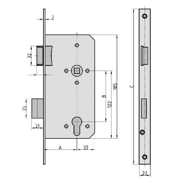 Einsteckschloss Haustürschloss ES 979 für Profilzylinder DIN (65mm x 92m )  R/L