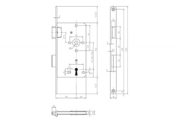 Extra Schmales Zimmertür-Einsteckschloß BB 72/55/16mm Stulp R/L