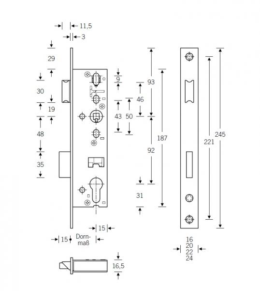 Rohrrahmenschloß für Profilrahmentüren Serie RR01 PZ92 Dorn 25-45mm_8mm_Stulp_16mm_skizze